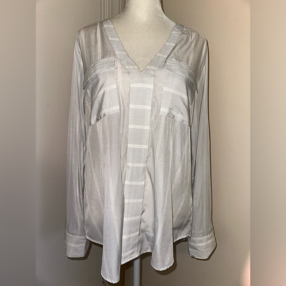 Women’s Express Blouse, White & Gray Stripe, Size Medium